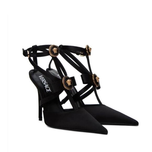 NIB Versace Gianni Ribbon 38.5 US 8.5 Black Satin Cage 110mm Pumps Runway $1,325 - Picture 1 of 16